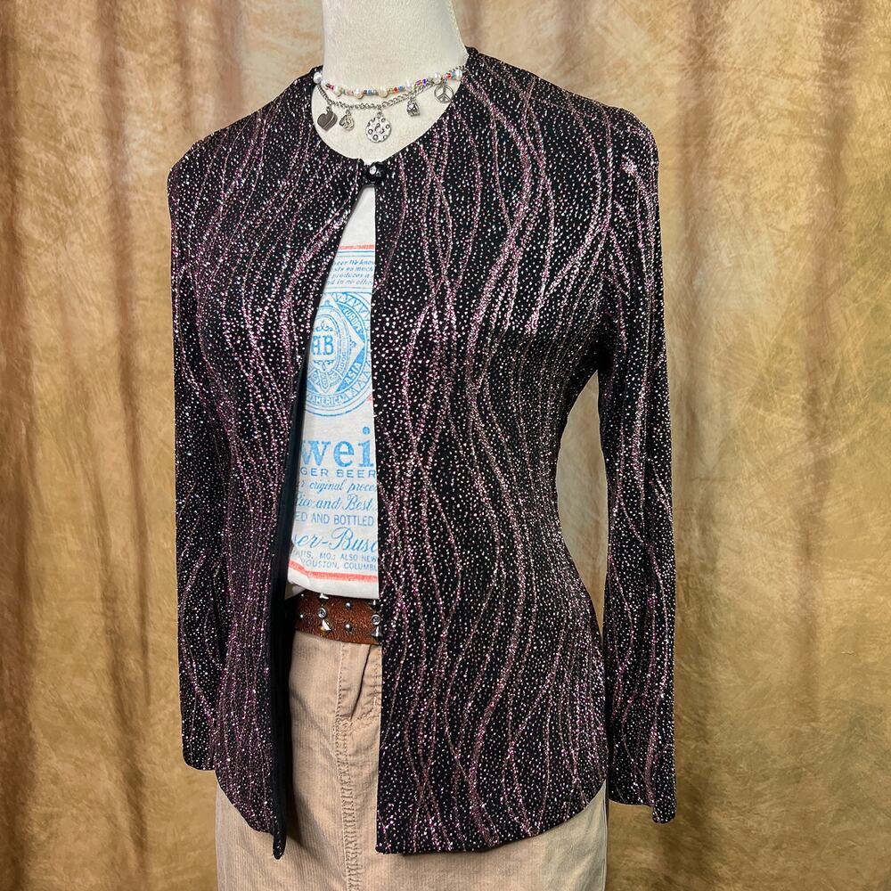 Vintage 90s Metallic Glitter Cardigan Top Open Front Black Pink Party Couture